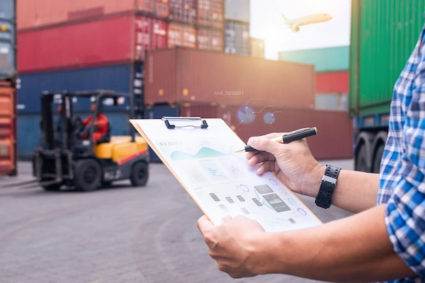 Profesional revisando documentación de importación en una zona de carga